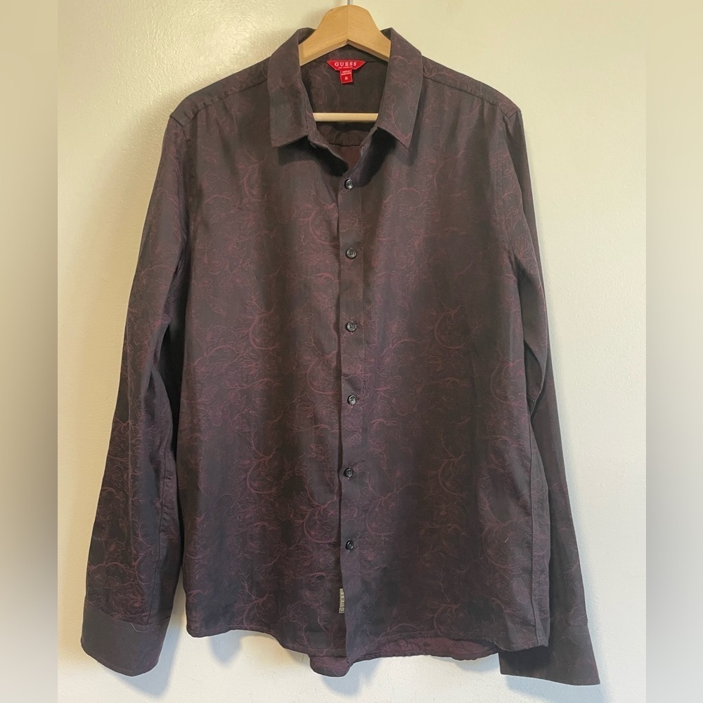 Guess Men’s Dark Purple Floral Button Up Dress  Shirt